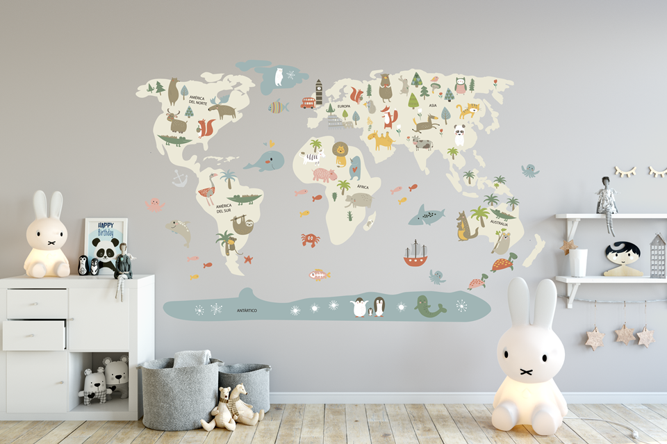 Vinilo infantil decorativo Mapa mundi - Kuki Pared